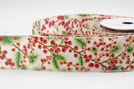 Kremowa wstążka z gałązką sosny i czerwonymi jagodami_KF9833GC-2-2