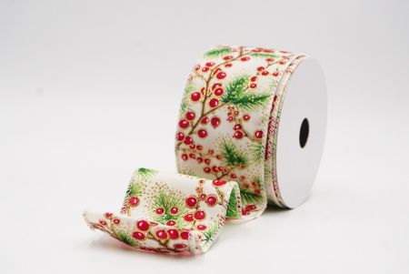 Kremowa wstążka z gałązką sosny i czerwonymi jagodami_KF9833GC-2-2