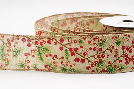 Lt. Brown wstążka z gałązką sosny i czerwonymi jagodami_KF9834GC-13-183