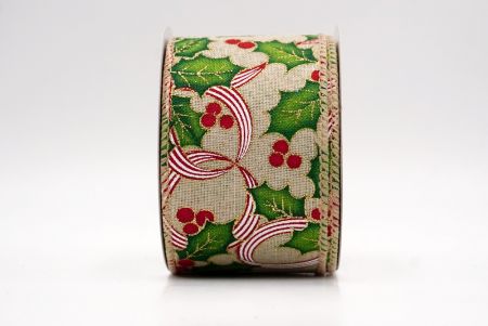 Khaki Wstążka z Motywem Ostrokrzewu i Jagód_KF9835GC-13-183