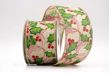 Khaki Wstążka z Motywem Ostrokrzewu i Jagód_KF9835GC-13-183