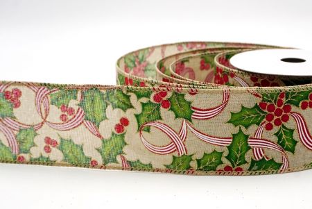 Khaki Wstążka z Motywem Ostrokrzewu i Jagód_KF9835GC-13-183