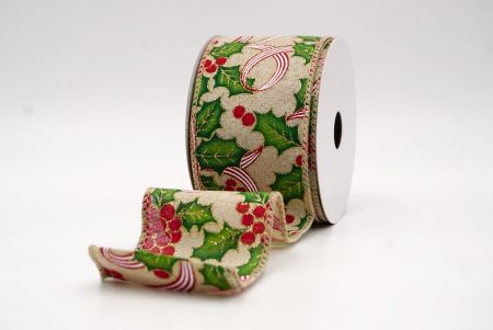 Khaki Wstążka z Motywem Ostrokrzewu i Jagód_KF9835GC-13-183