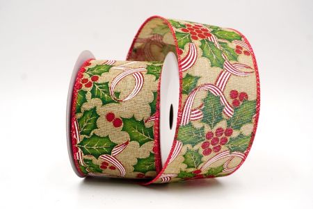 Naturalna Wstążka z Motywem Ostrokrzewu i Jagód_KF9835GC-14-7