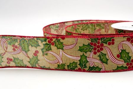 Naturalna Wstążka z Motywem Ostrokrzewu i Jagód_KF9835GC-14-7