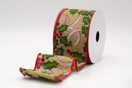 Naturalna Wstążka z Motywem Ostrokrzewu i Jagód_KF9835GC-14-7