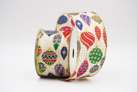 Kremowo-złota wstążka z retro ornamentem na Boże Narodzenie_KF9839G-2G