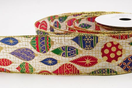 Kremowo-złota wstążka z retro ornamentem na Boże Narodzenie_KF9839G-2G