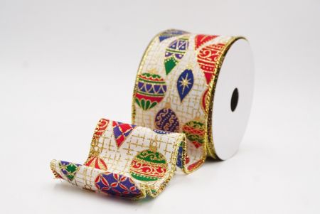 Kremowo-złota wstążka z retro ornamentem na Boże Narodzenie_KF9839G-2G