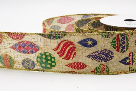 Jasnobrązowa wstążka z retro ornamentem na Boże Narodzenie_KF9840G-13