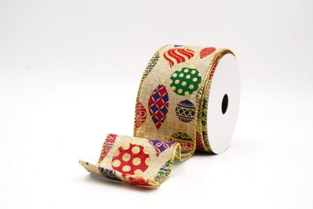 Jasnobrązowa wstążka z retro ornamentem na Boże Narodzenie_KF9840G-13