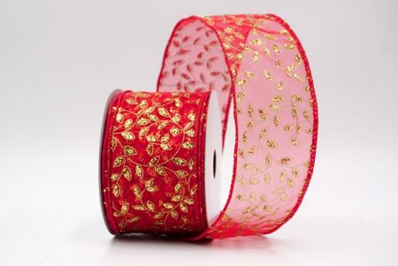 Red/Gold Sheer_Festive Leaf Scroll Wired Ribbon_KF9843GC-7-7