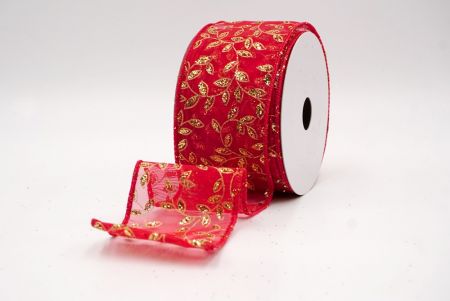 Red/Gold Sheer_Festive Leaf Scroll Wired Ribbon_KF9843GC-7-7