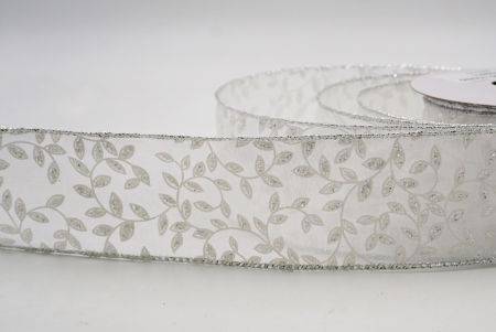 White/Silver_Festive Leaf Scroll Wired Ribbon_KF9846G-1