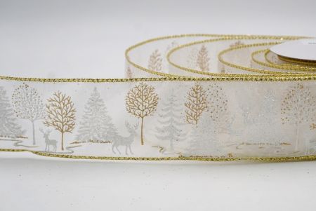 White_Winter Forest Pine Tree and Deer Wired Ribbon_KF9850G-1