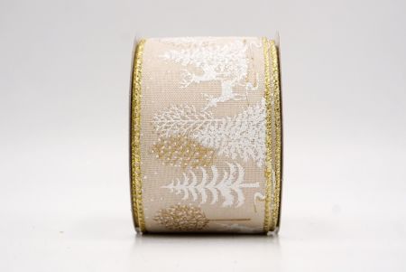 Khaki_Winter Forest Pine Tree and Deer Wired Ribbon_KF9851G-13