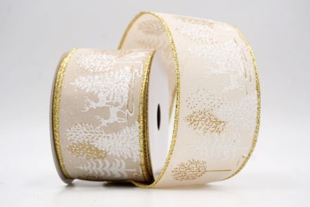 Khaki_Winter Forest Pine Tree and Deer Wired Ribbon_KF9851G-13