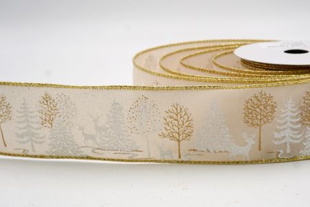 Khaki_Winter Forest Pine Tree and Deer Wired Ribbon_KF9851G-13