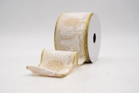 Khaki_Winter Forest Pine Tree and Deer Wired Ribbon_KF9851G-13