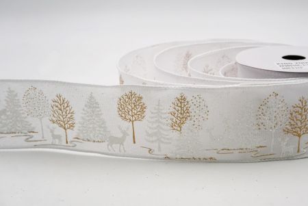 White_Winter Forest Pine Tree and Deer Wired Ribbon_KF9851GC-1-1