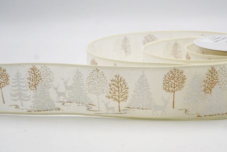 Cream_Winter Forest Pine Tree and Deer Wired Ribbon_KF9851GC-2-2