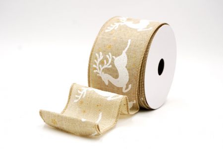 Light Brown Reindeer Silhouette Winter Burlap Wired Ribbon_KF9853GC-13-183