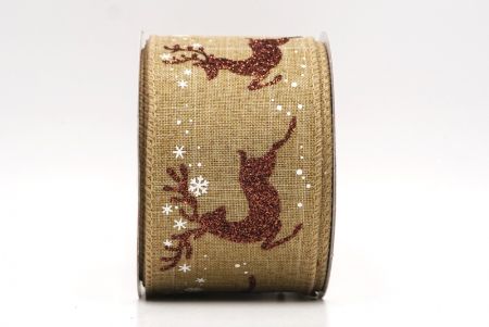 Beige Reindeer Silhouette Winter Burlap Wired Ribbon_KF9854GC-14-183