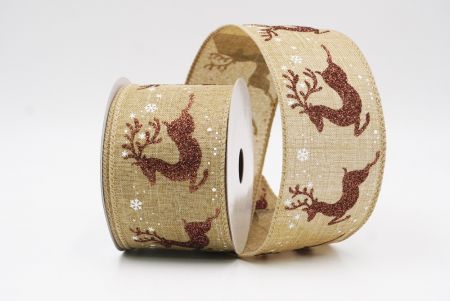 Beige Reindeer Silhouette Winter Burlap Wired Ribbon_KF9854GC-14-183