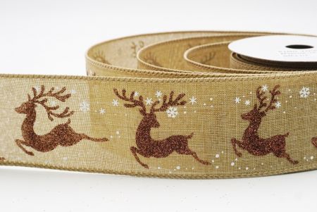 Beige Reindeer Silhouette Winter Burlap Wired Ribbon_KF9854GC-14-183