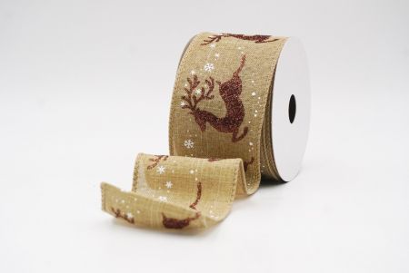 Beige Reindeer Silhouette Winter Burlap Wired Ribbon_KF9854GC-14-183