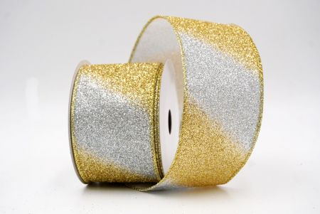 Ruban en fil métallique à rayures diagonales pailletées argent/jaune à deux tons_KF9862G-1G