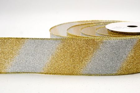 Ruban en fil métallique à rayures diagonales pailletées argent/jaune à deux tons_KF9862G-1G