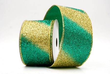 Ruban en fil métallique à rayures diagonales pailletées or/vert à deux tons_KF9862G-3