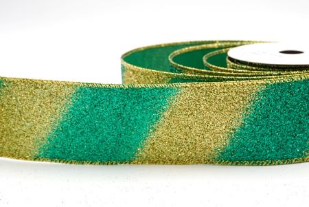 Ruban en fil métallique à rayures diagonales pailletées or/vert à deux tons_KF9862G-3