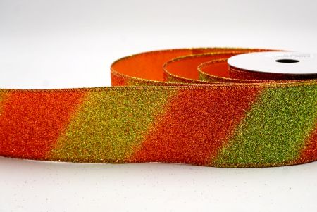 Ruban en fil métallique à rayures diagonales pailletées vert/orange à deux tons_KF9862GZ-42