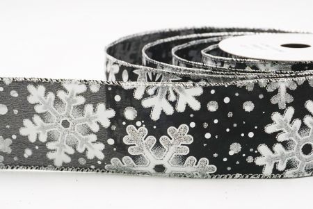 Black - White Festive Glitter Snowflakes Wired Ribbon_KF9863G-53