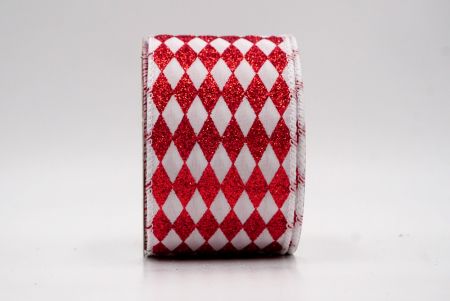 White/Red_Glitter Harlequin Pattern Wired Ribbon_KF9866GC-1R-1