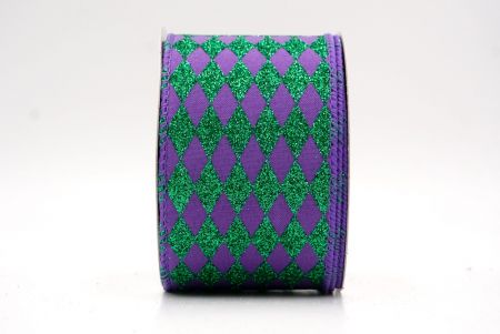 Violet/Green_Glitter Harlequin Pattern Wired Ribbon_KF9866GC-34H-34