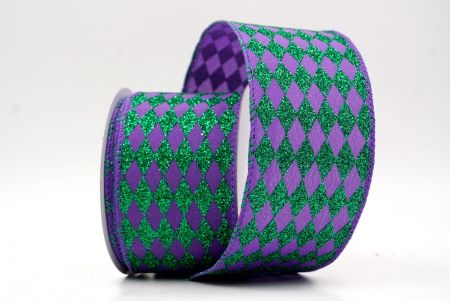 Violet/Green_Glitter Harlequin Pattern Wired Ribbon_KF9866GC-34H-34