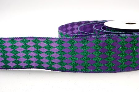 Violet/Green_Glitter Harlequin Pattern Wired Ribbon_KF9866GC-34H-34