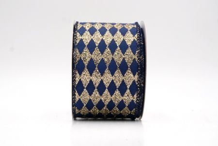 Navy Blue/Gold_Glitter Harlequin Pattern Wired Ribbon_KF9866GC-4-4