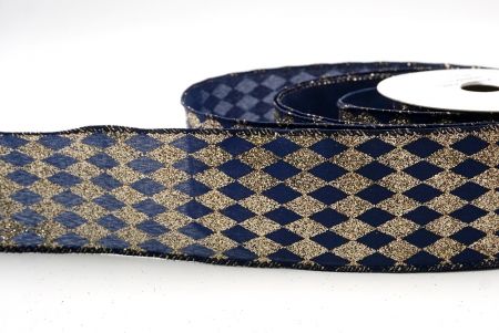 Navy Blue/Gold_Glitter Harlequin Pattern Wired Ribbon_KF9866GC-4-4