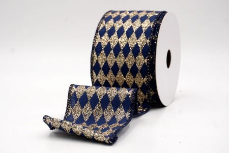 Navy Blue/Gold_Glitter Harlequin Pattern Wired Ribbon_KF9866GC-4-4