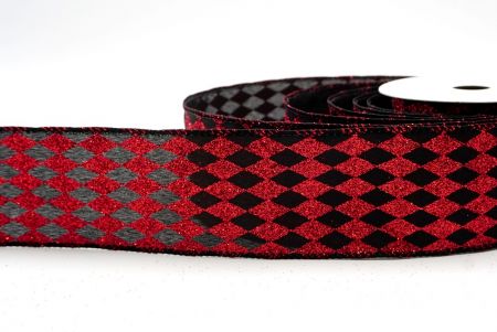 Black/Red_Glitter Harlequin Pattern Wired Ribbon_KF9866GC-53R-53
