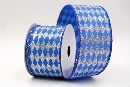 Blue/Silver_Glitter Harlequin Pattern Wired Ribbon_KF9866GC-55-51