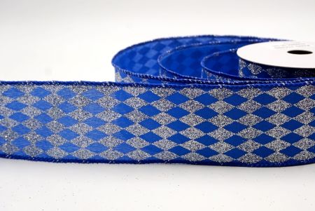 Blue/Silver_Glitter Harlequin Pattern Wired Ribbon_KF9866GC-55-51
