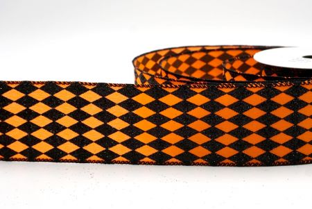 Black/Orange_Glitter Harlequin Pattern Wired Ribbon_KF9867GC-54-53