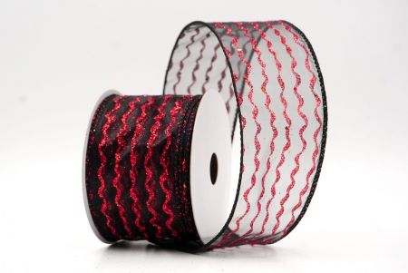 Black/Red Sheer_Glitter Vertical Wavy Stripe Wired Ribbon_KF9877GC-53R-53