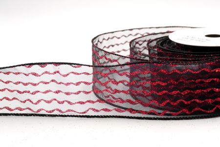 Black/Red Sheer_Glitter Vertical Wavy Stripe Wired Ribbon_KF9877GC-53R-53