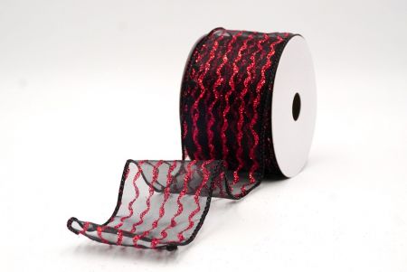 Black/Red Sheer_Glitter Vertical Wavy Stripe Wired Ribbon_KF9877GC-53R-53